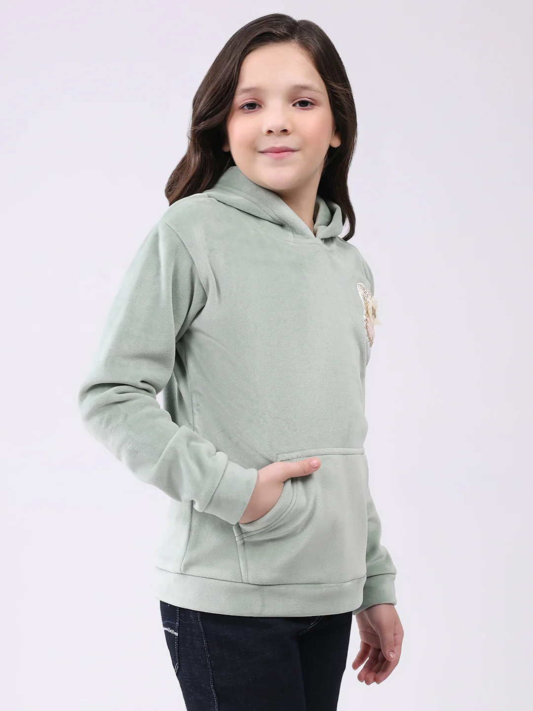 Girls Green Solid Hooded Full Sleeve Sweatshirt - Image 4