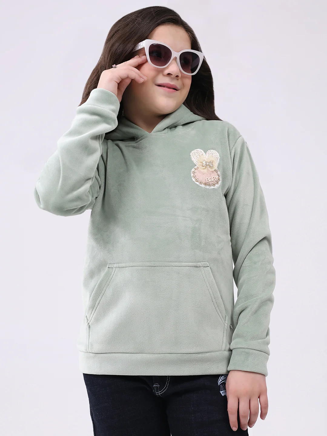 Girls Green Solid Hooded Full Sleeve Sweatshirt - Image 6