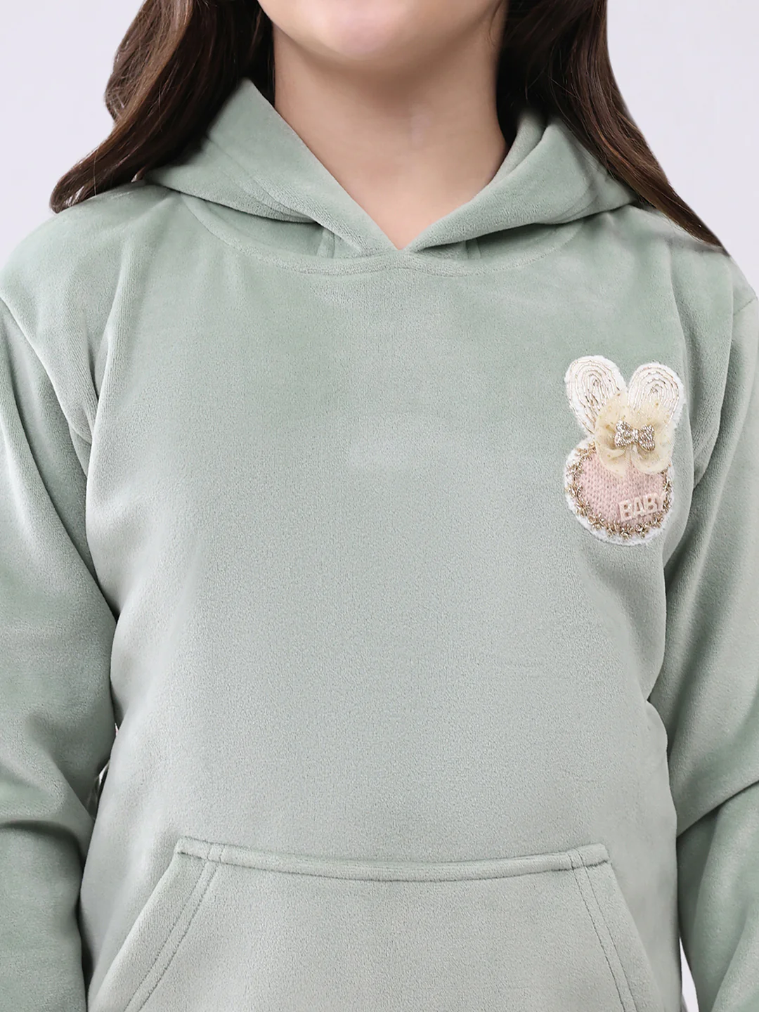 Girls Green Solid Hooded Full Sleeve Sweatshirt - Image 7