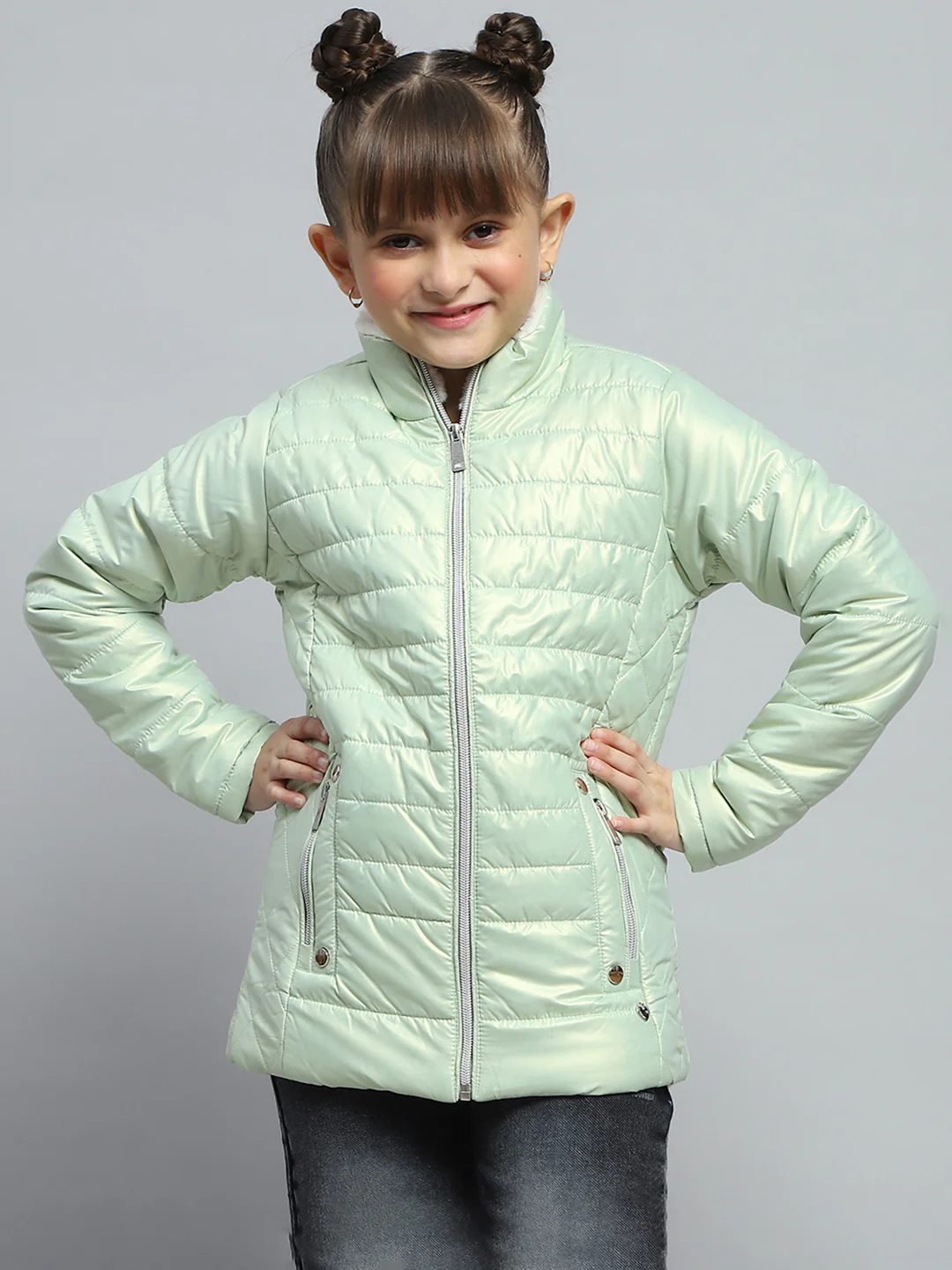 Girls Green Solid Mock Neck Full Sleeve Jacket - Image 2