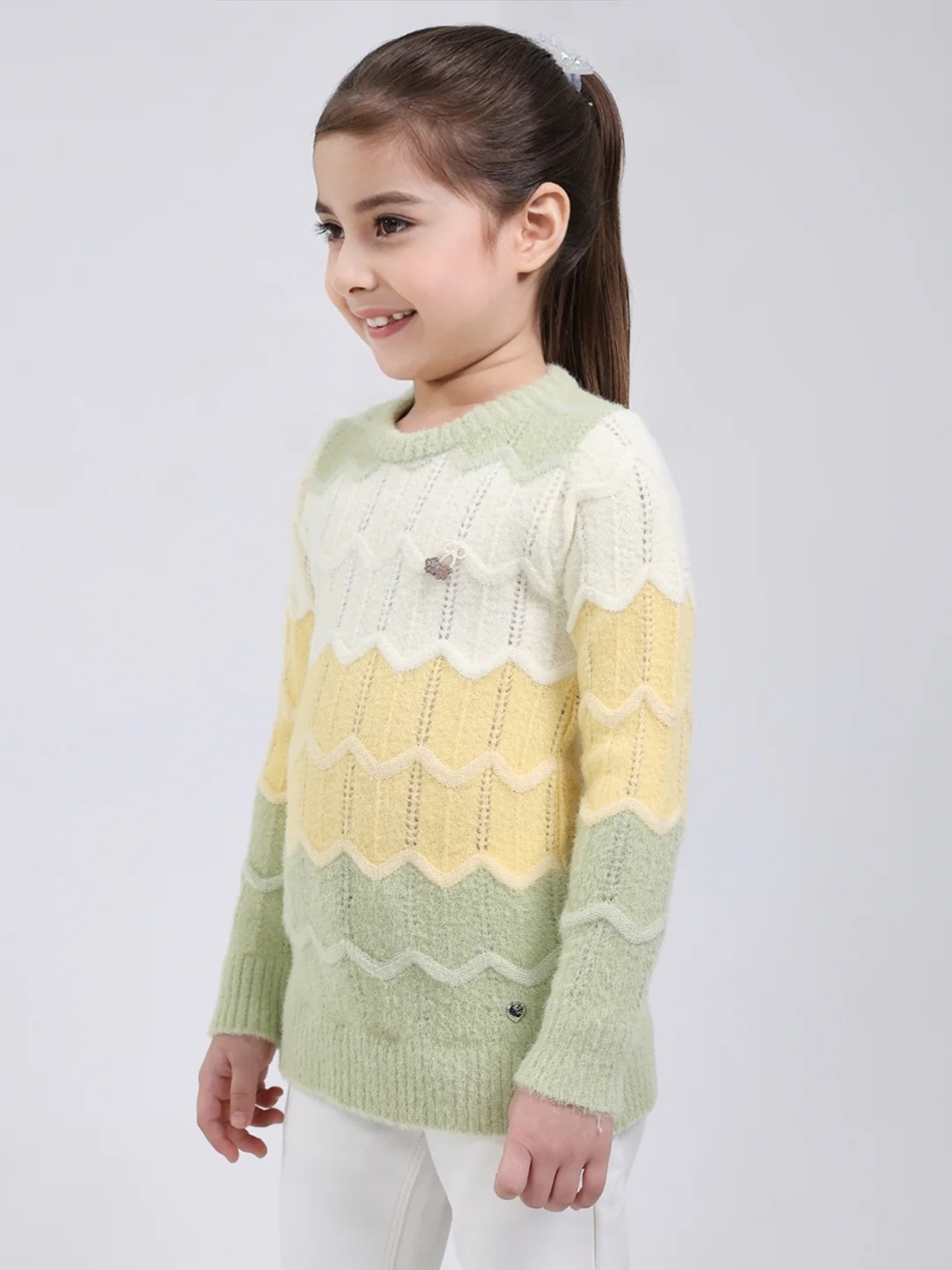 Girls Green Stripe Round Neck Full Sleeve Pullover - Image 3