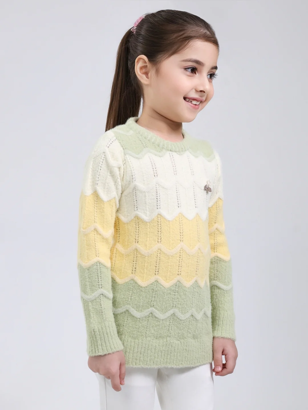 Girls Green Stripe Round Neck Full Sleeve Pullover - Image 4