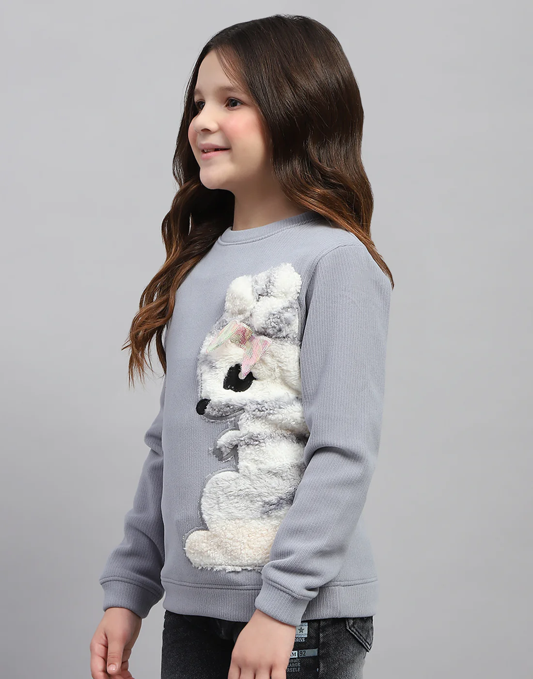 Girls Grey Self Design Round Neck Full Sleeve Sweatshirt - Image 3