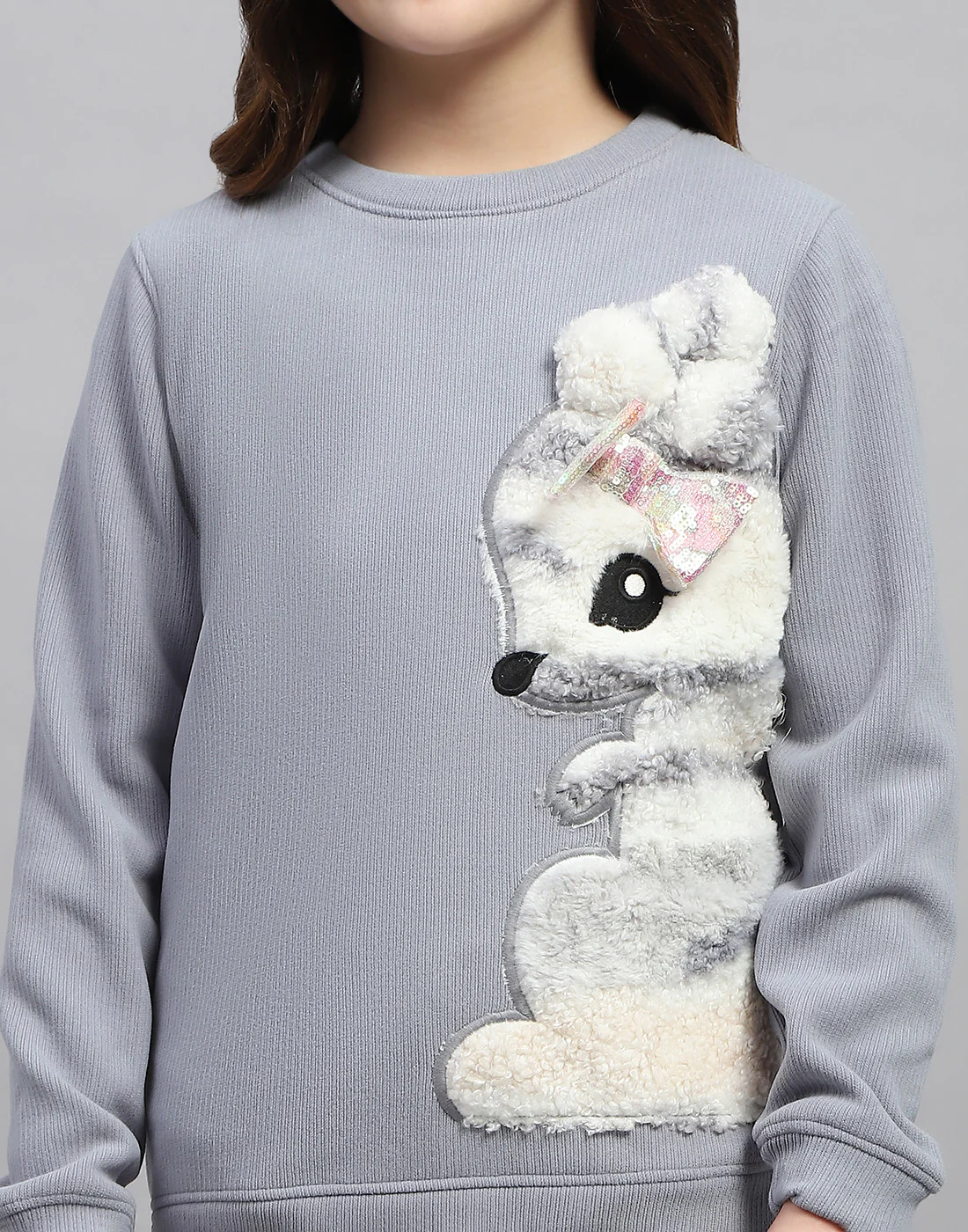 Girls Grey Self Design Round Neck Full Sleeve Sweatshirt - Image 6