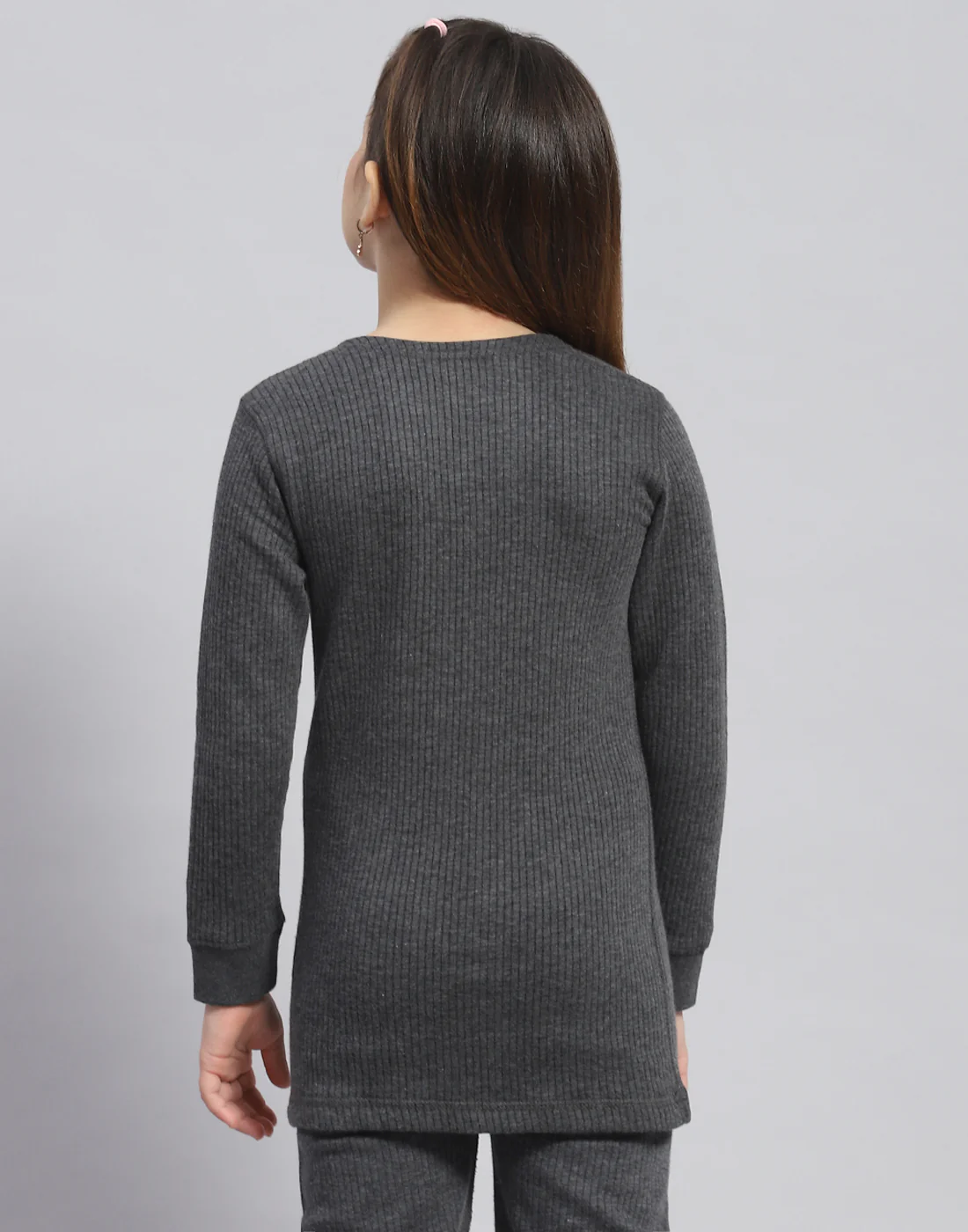 Girls Grey Solid Round Neck Full Sleeve Thermal Vest - Image 5
