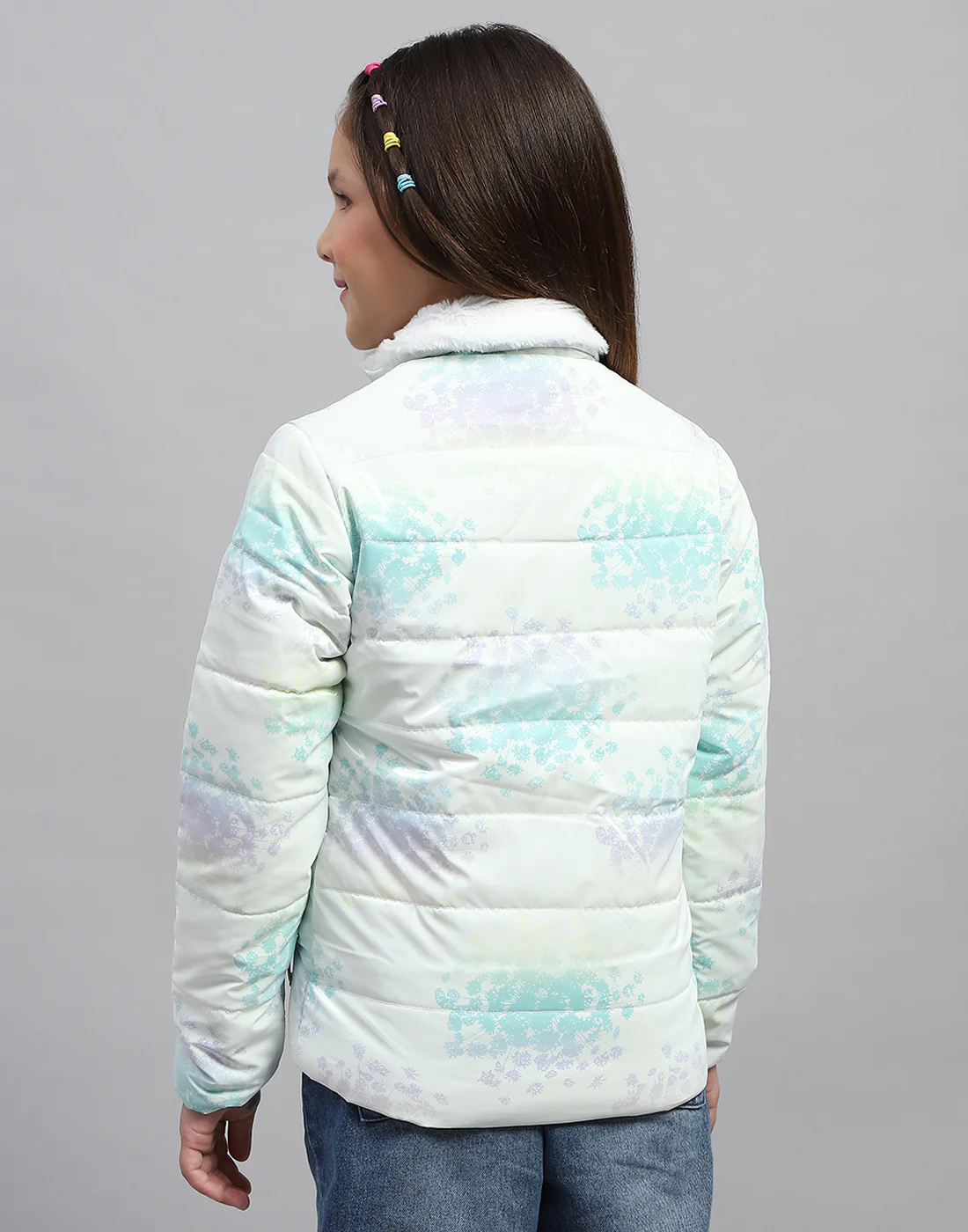 Girls Light Green Printed High Neck Full Sleeve Jacket - Image 5