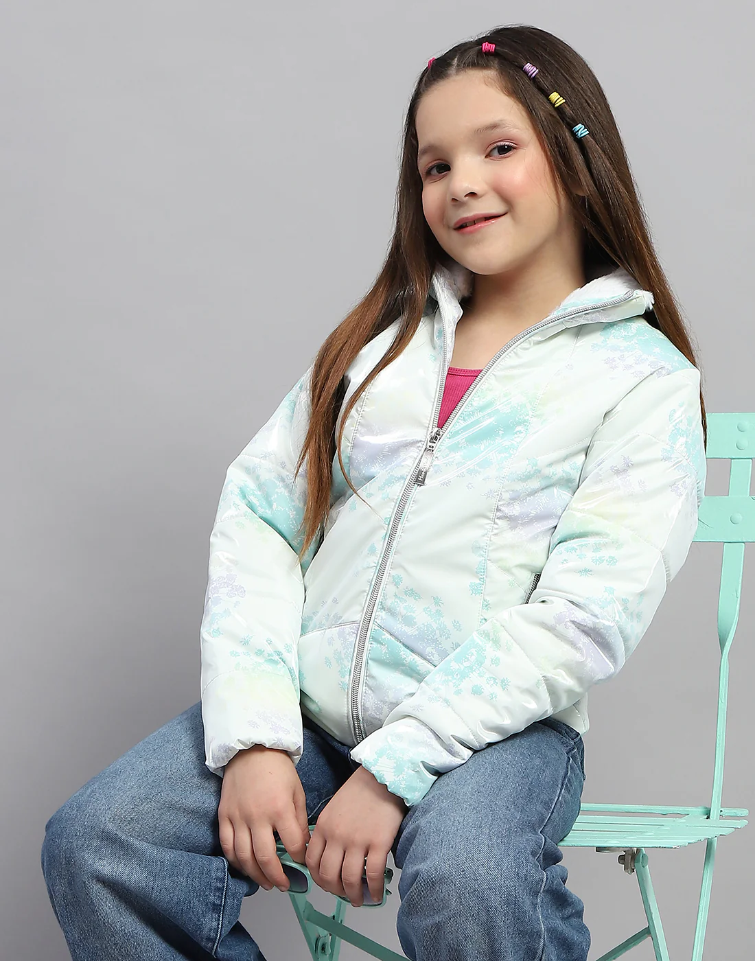 Girls Light Green Printed High Neck Full Sleeve Jacket - Image 6