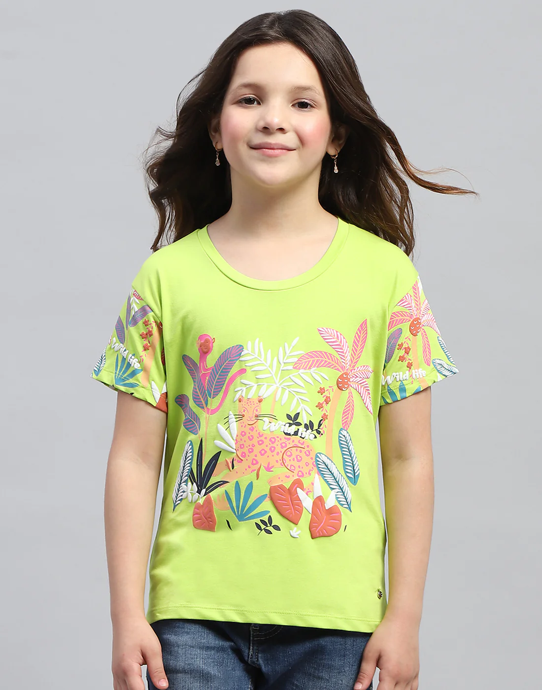 Girls Lime Green Printed Round Neck Half Sleeve Top - Image 2