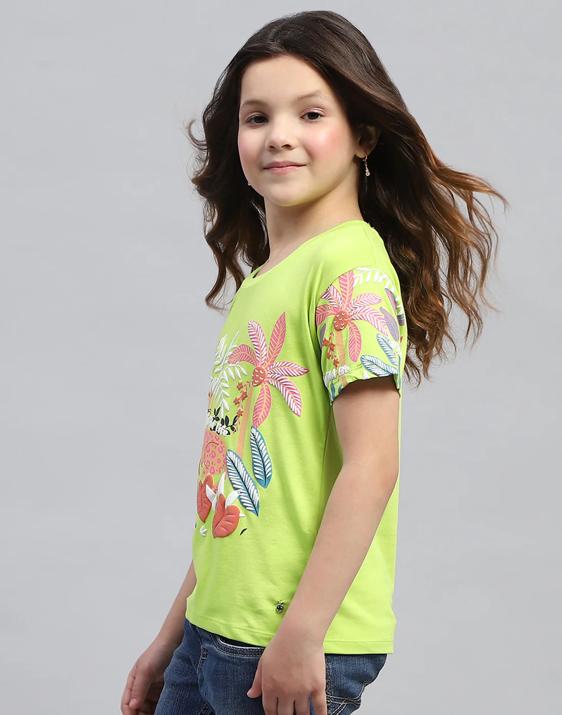 Girls Lime Green Printed Round Neck Half Sleeve Top - Image 3
