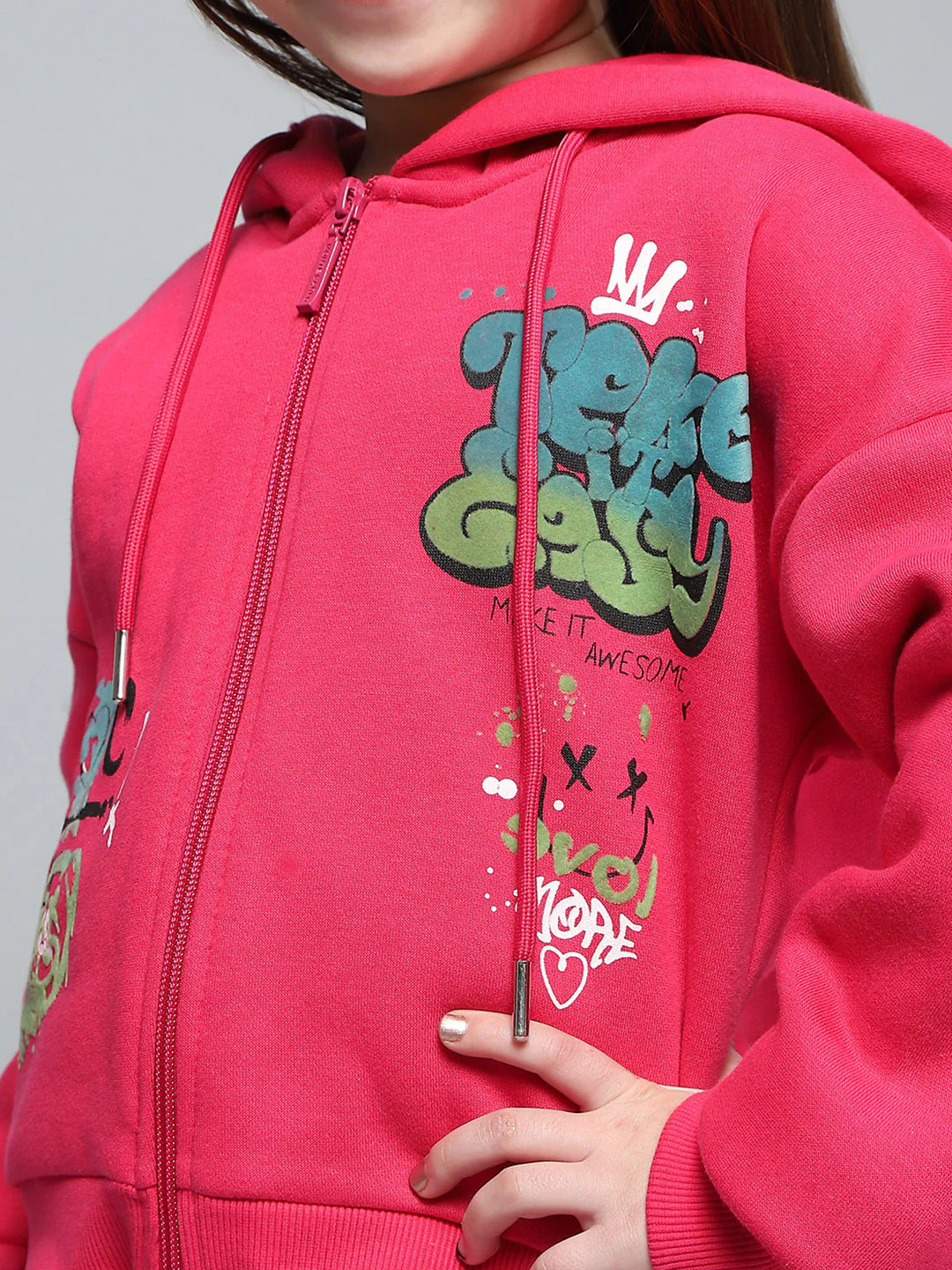 Girls Magenta Printed Hooded Full Sleeve Tracksuit - Image 7