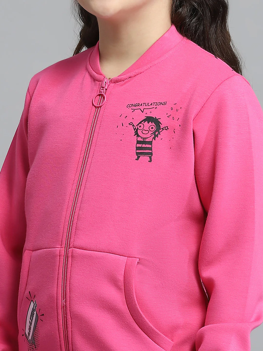 Girls Magenta Printed Round Neck Full Sleeve Sweatshirt - Image 6