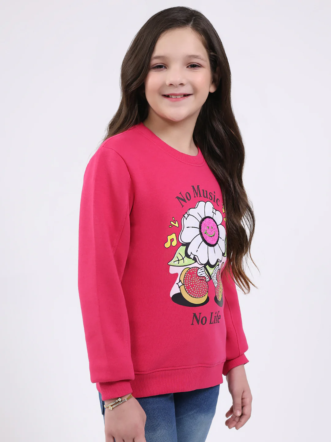 Girls Magenta Printed Round Neck Full Sleeve Sweatshirt - Image 4