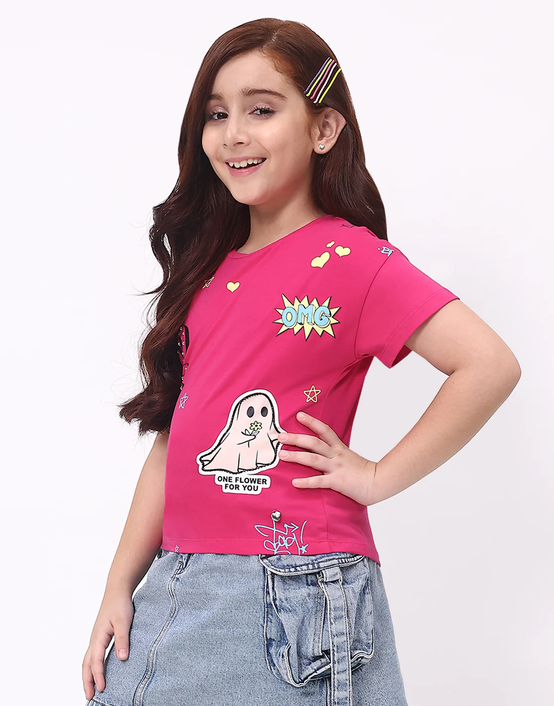 Girls Magenta Printed Round Neck Half Sleeve Top - Image 2