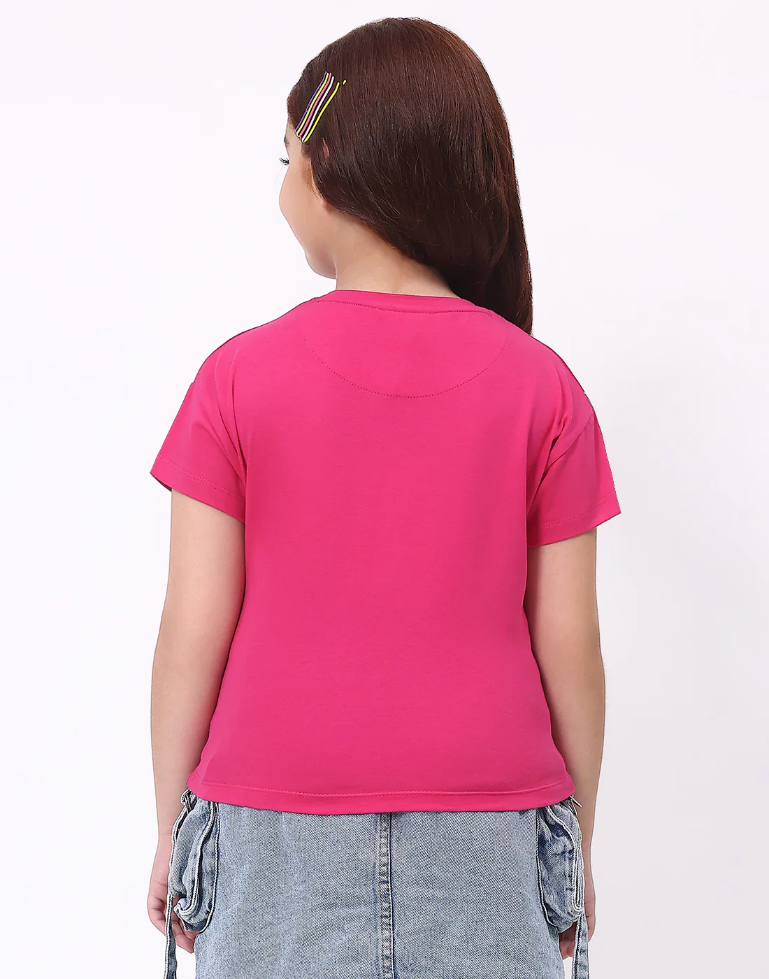 Girls Magenta Printed Round Neck Half Sleeve Top - Image 4