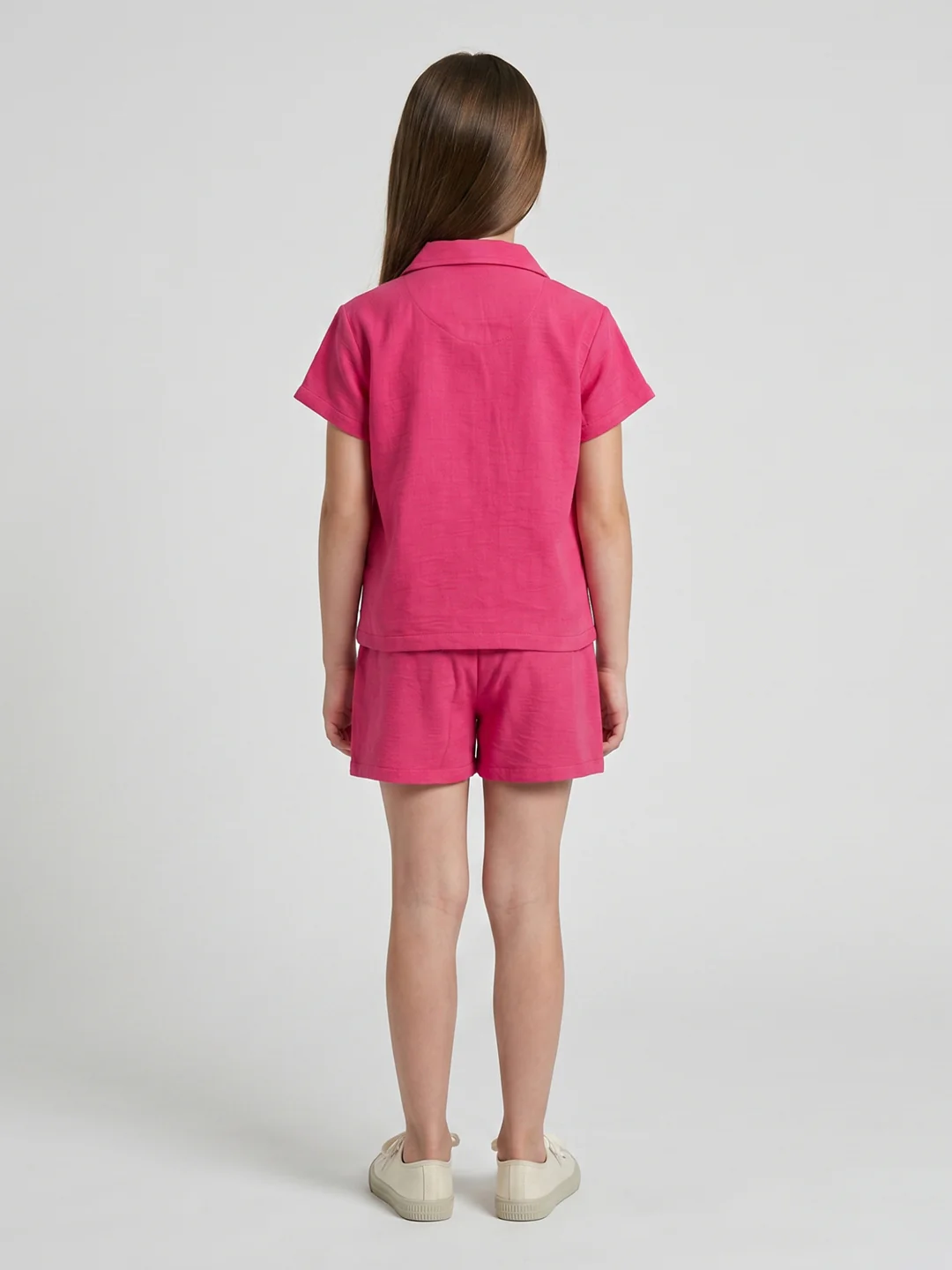 Girls Magenta Solid Round Neck Half Sleeve Cords Set - Image 4