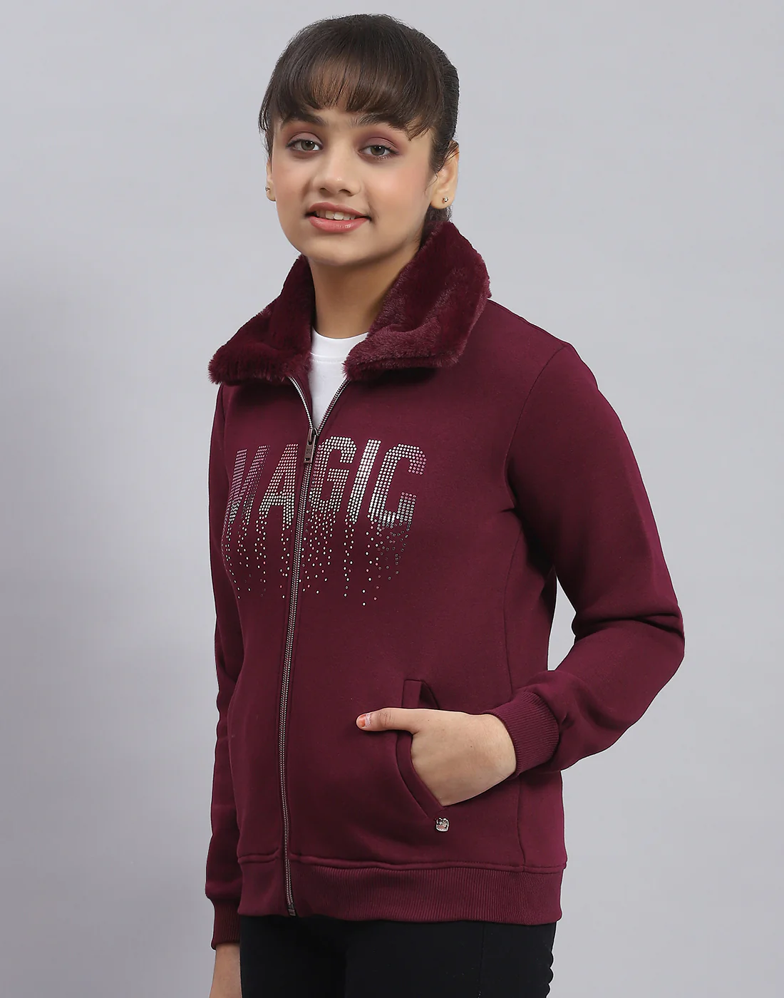 Girls Maroon Printed Collar Full Sleeve Sweatshirt - Image 4