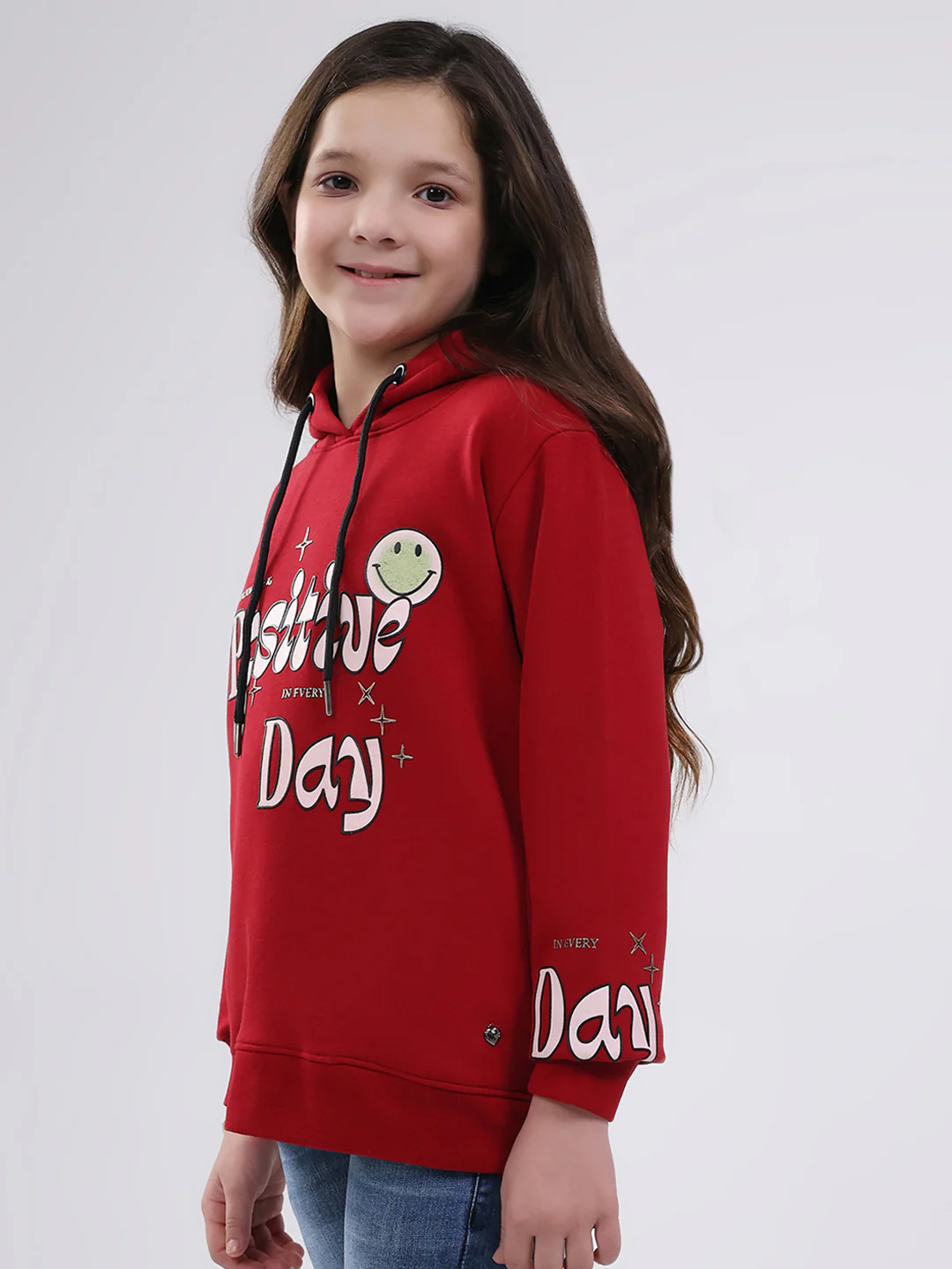 Girls Maroon Printed Hooded Full Sleeve Sweatshirt - Image 3