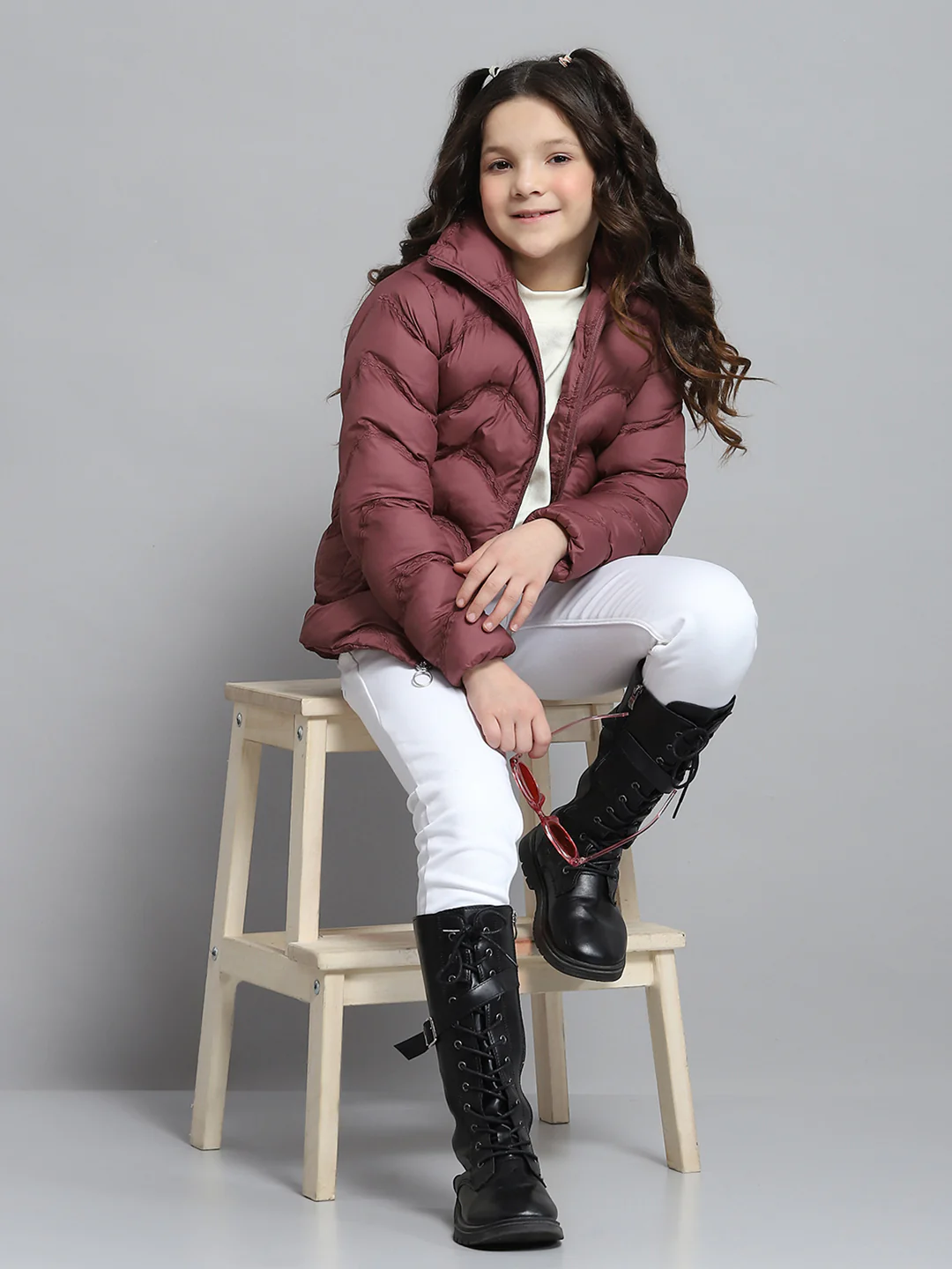Girls Maroon Self Design Collar Full Sleeve Jacket - Image 2