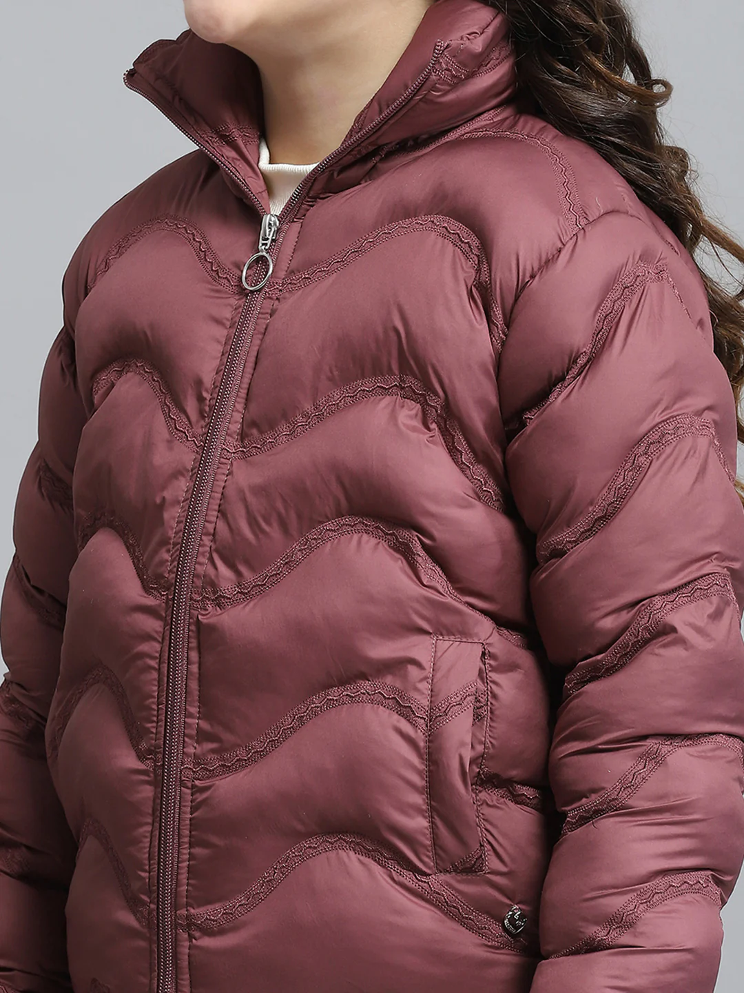 Girls Maroon Self Design Collar Full Sleeve Jacket - Image 6