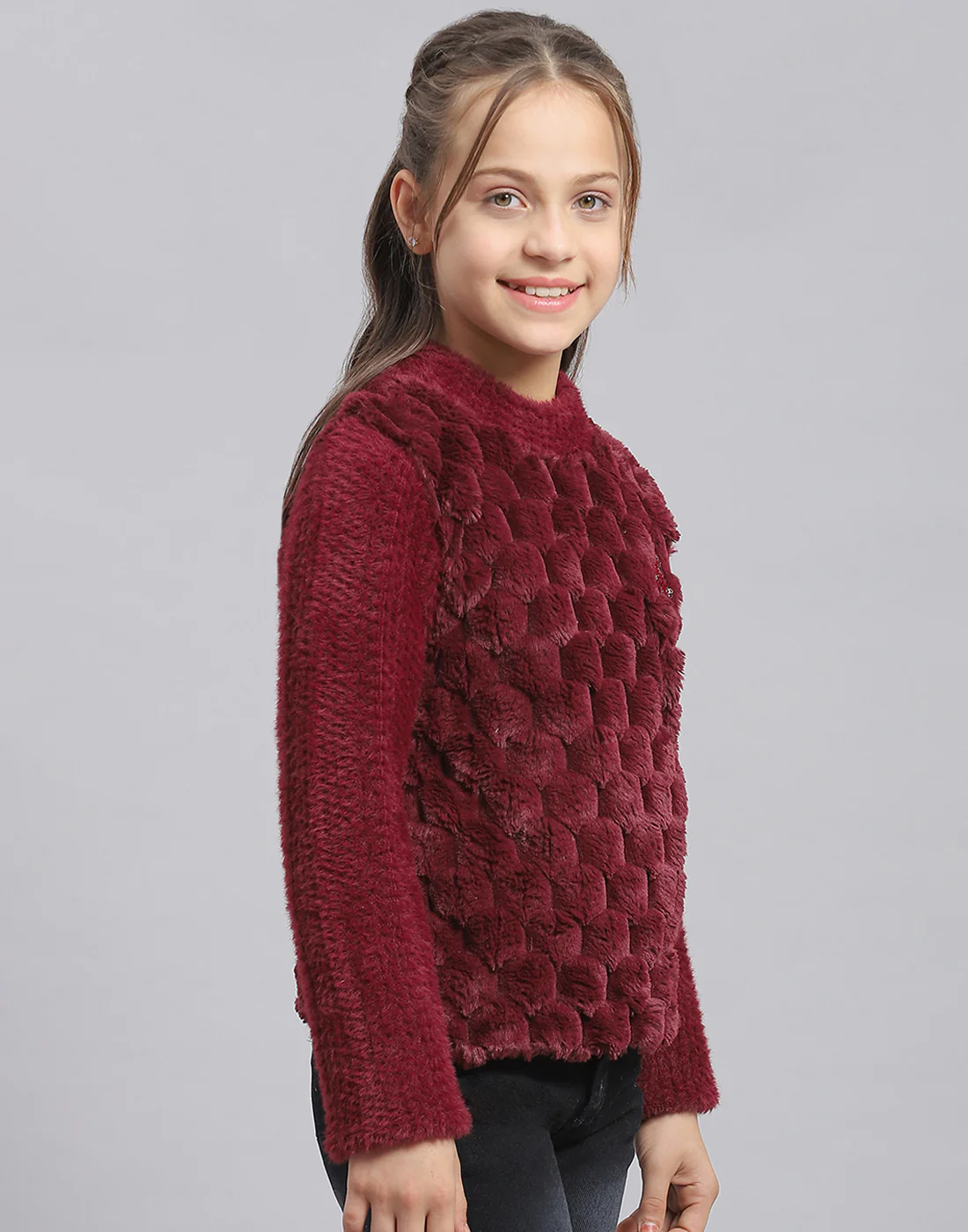 Girls Maroon Self Design Round Neck Full Sleeve Sweatshirt - Image 4