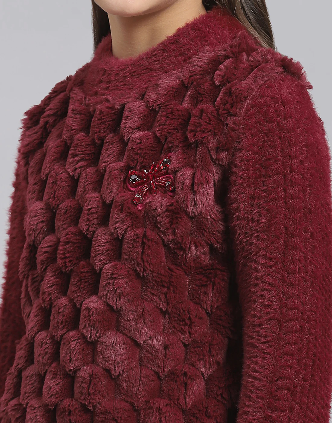 Girls Maroon Self Design Round Neck Full Sleeve Sweatshirt - Image 6