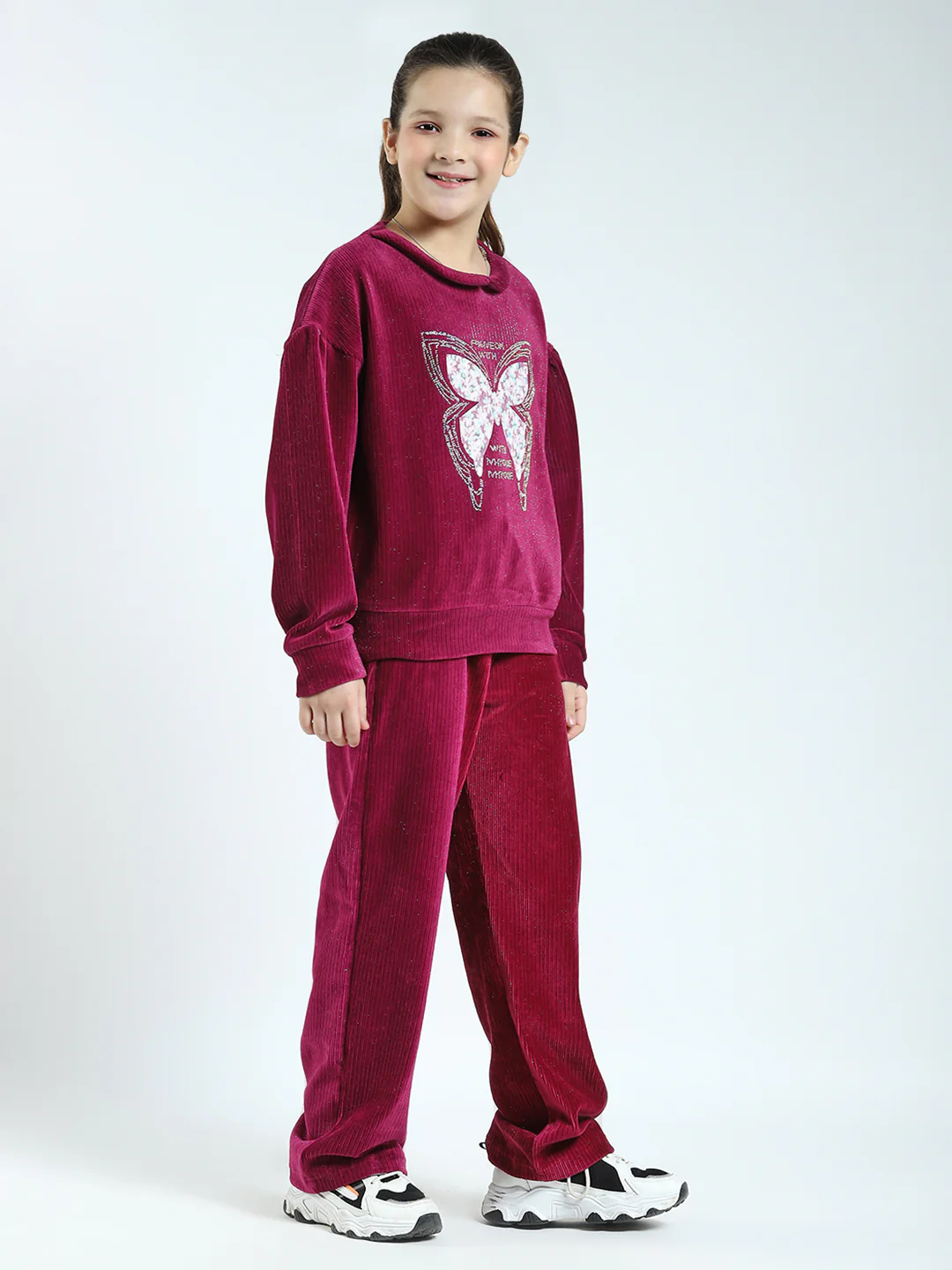 Girls Maroon Self Design Round Neck Full Sleeve Cords Set - Image 4