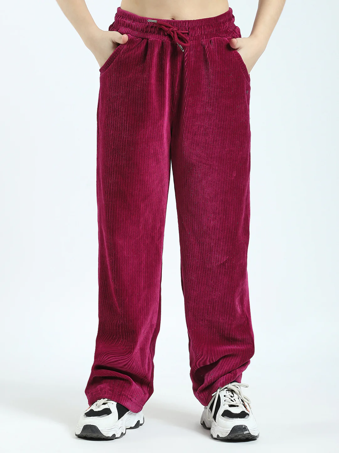 Girls Maroon Self Design Round Neck Full Sleeve Cords Set - Image 6