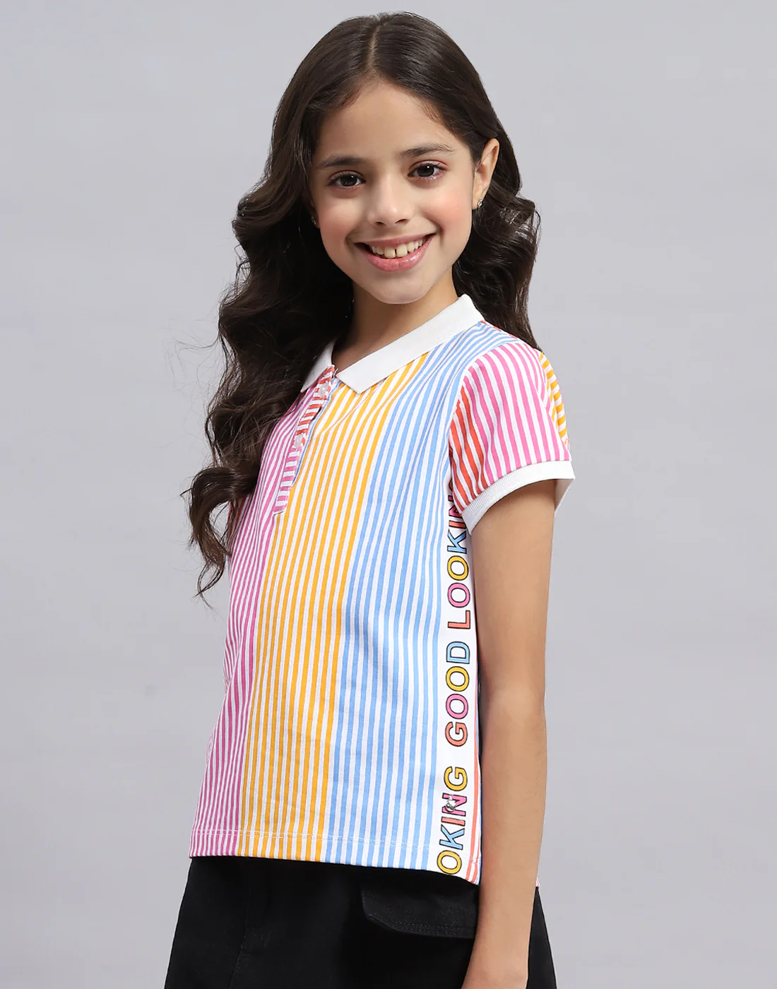 Girls Multi Color Printed Polo Collar Half Sleeve T-Shirt - Image 3