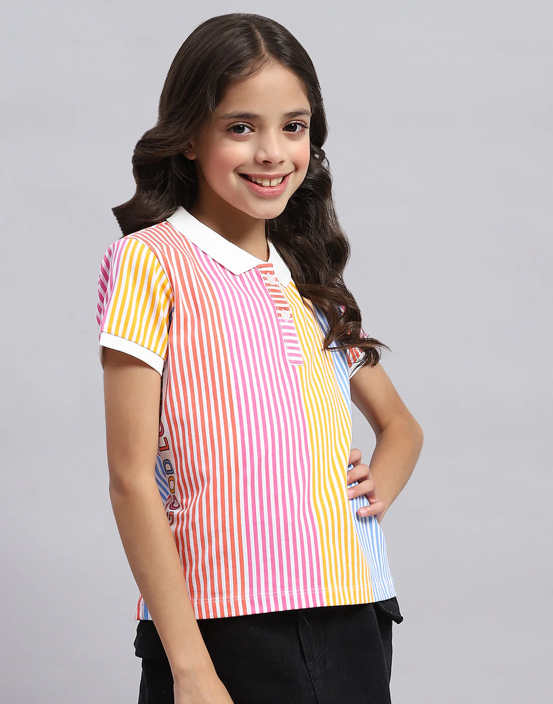 Girls Multi Color Printed Polo Collar Half Sleeve T-Shirt - Image 4