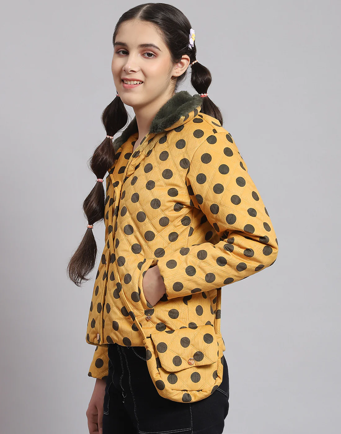 Girls Mustard Polka Dots Lapel Collar Full Sleeve Girls Jacket - Image 3