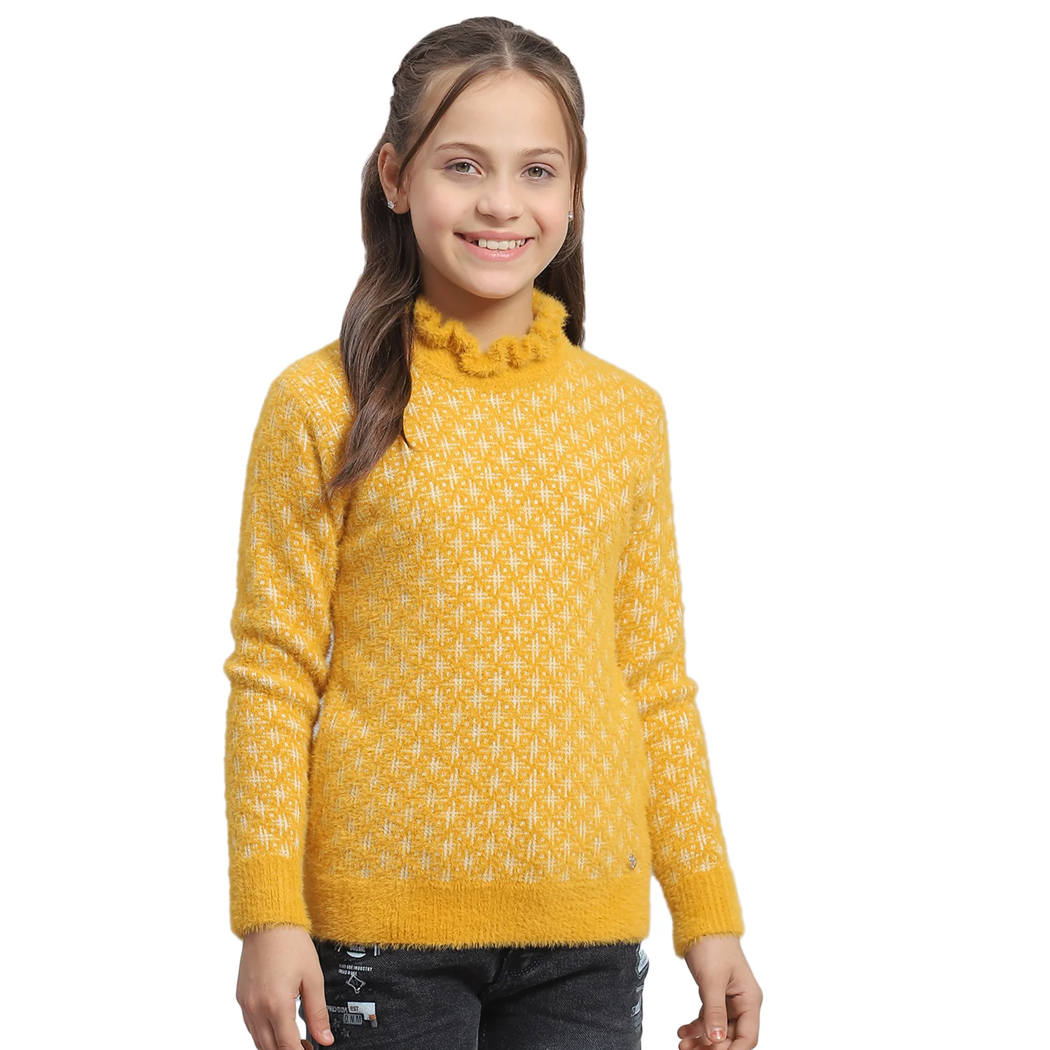 Girls Mustard Self Design F Neck Full Sleeve Sweater - Image 5