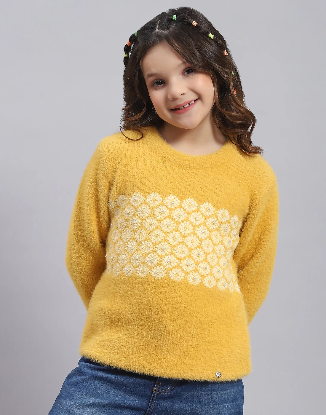 Girls Mustard Self Design Round Neck Full Sleeve Sweater - Image 3