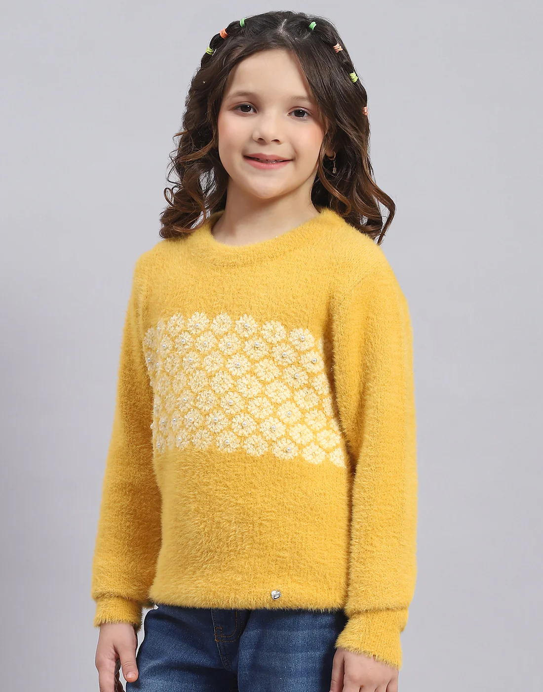 Girls Mustard Self Design Round Neck Full Sleeve Sweater - Image 4
