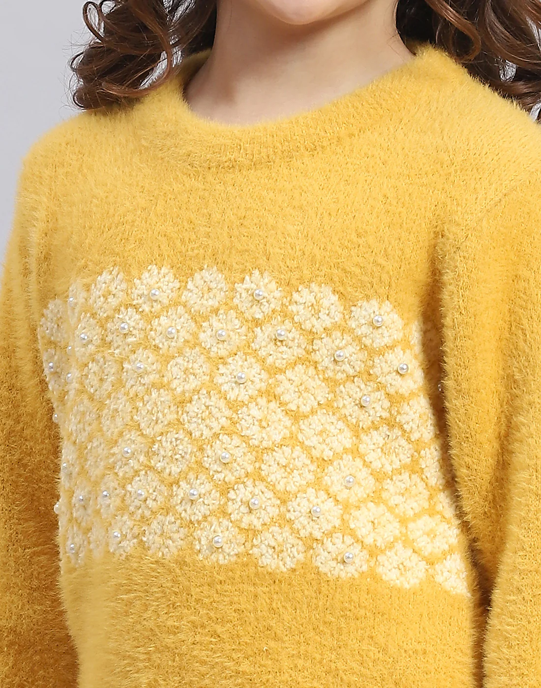 Girls Mustard Self Design Round Neck Full Sleeve Sweater - Image 7