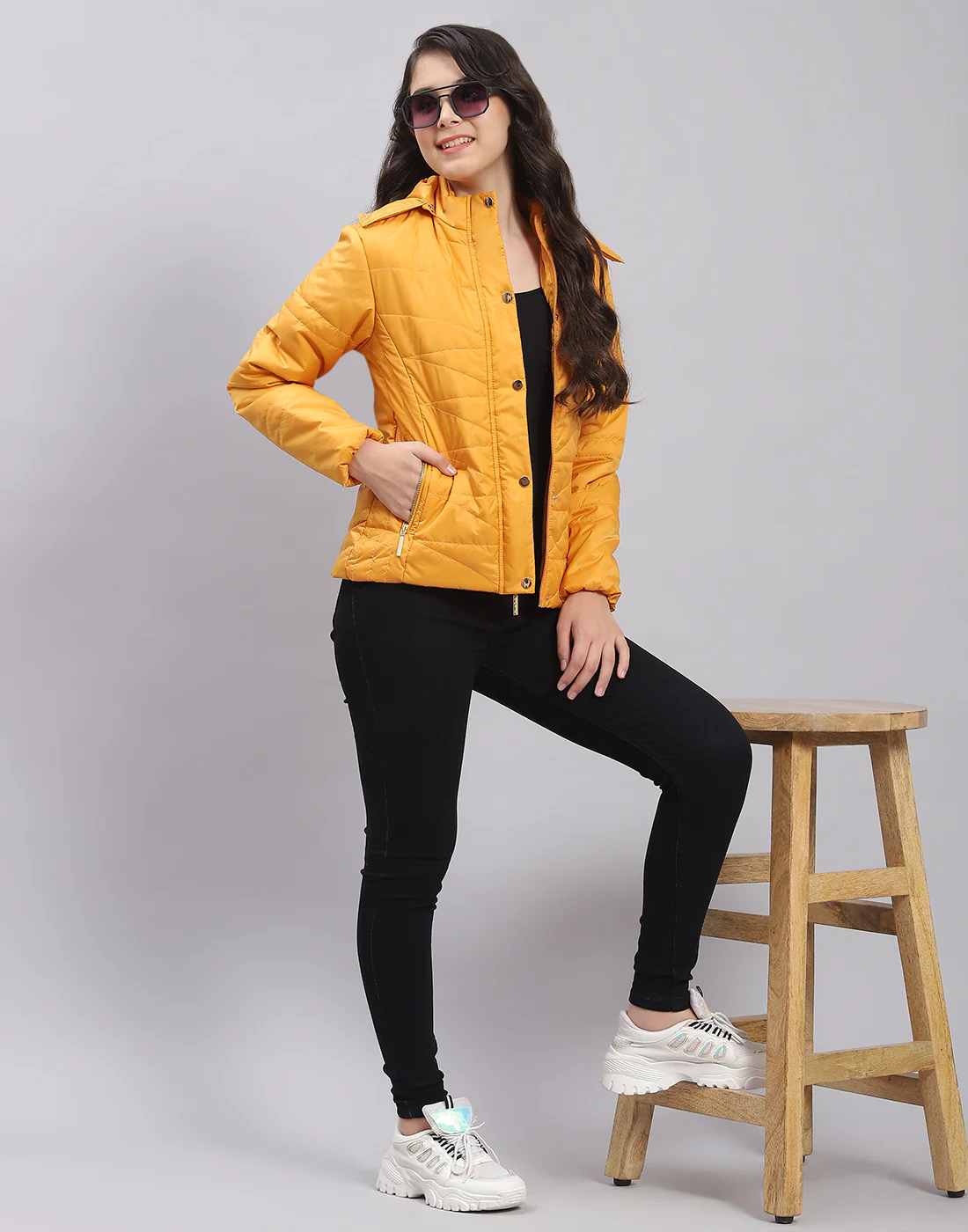Girls Mustard Solid Hooded Full Sleeve Girls Jacket - Image 2