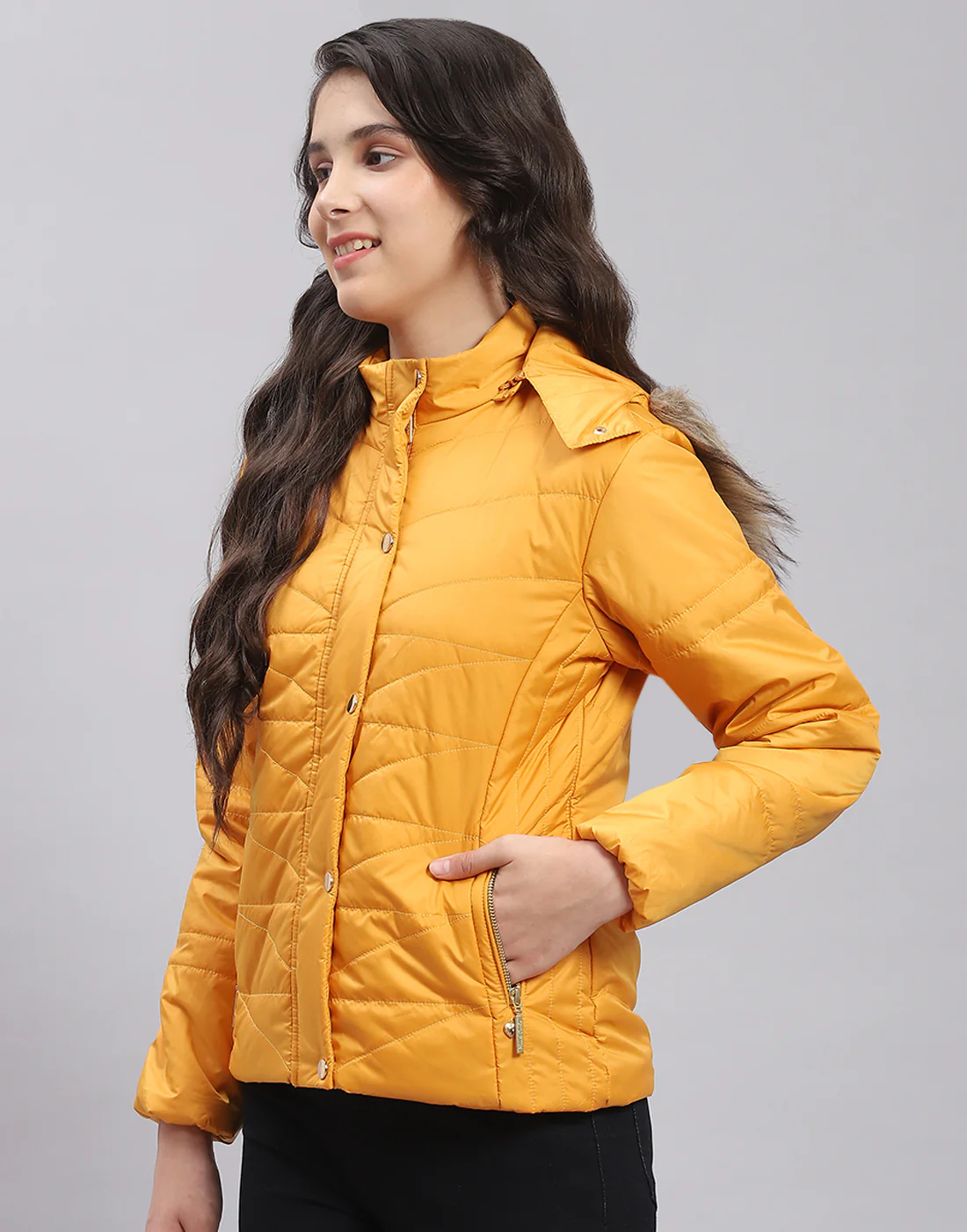 Girls Mustard Solid Hooded Full Sleeve Girls Jacket - Image 4