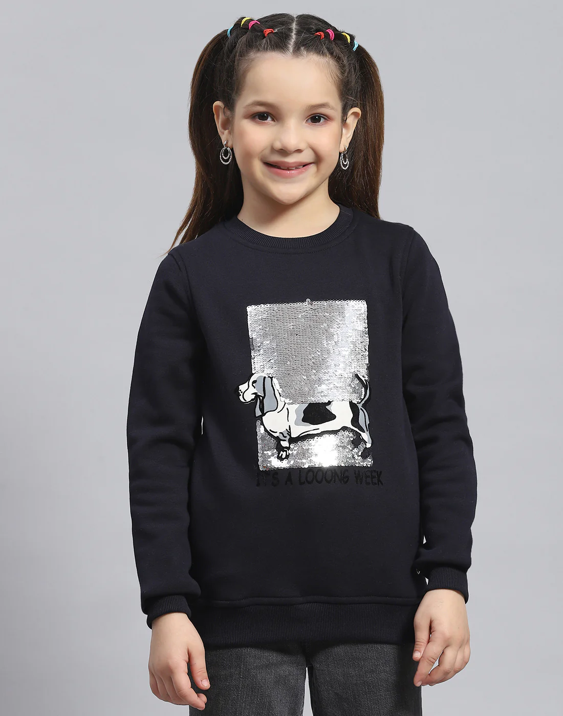 Girls Navy Blue Embellished Round Neck Full Sleeve Sweatshirt - Image 2