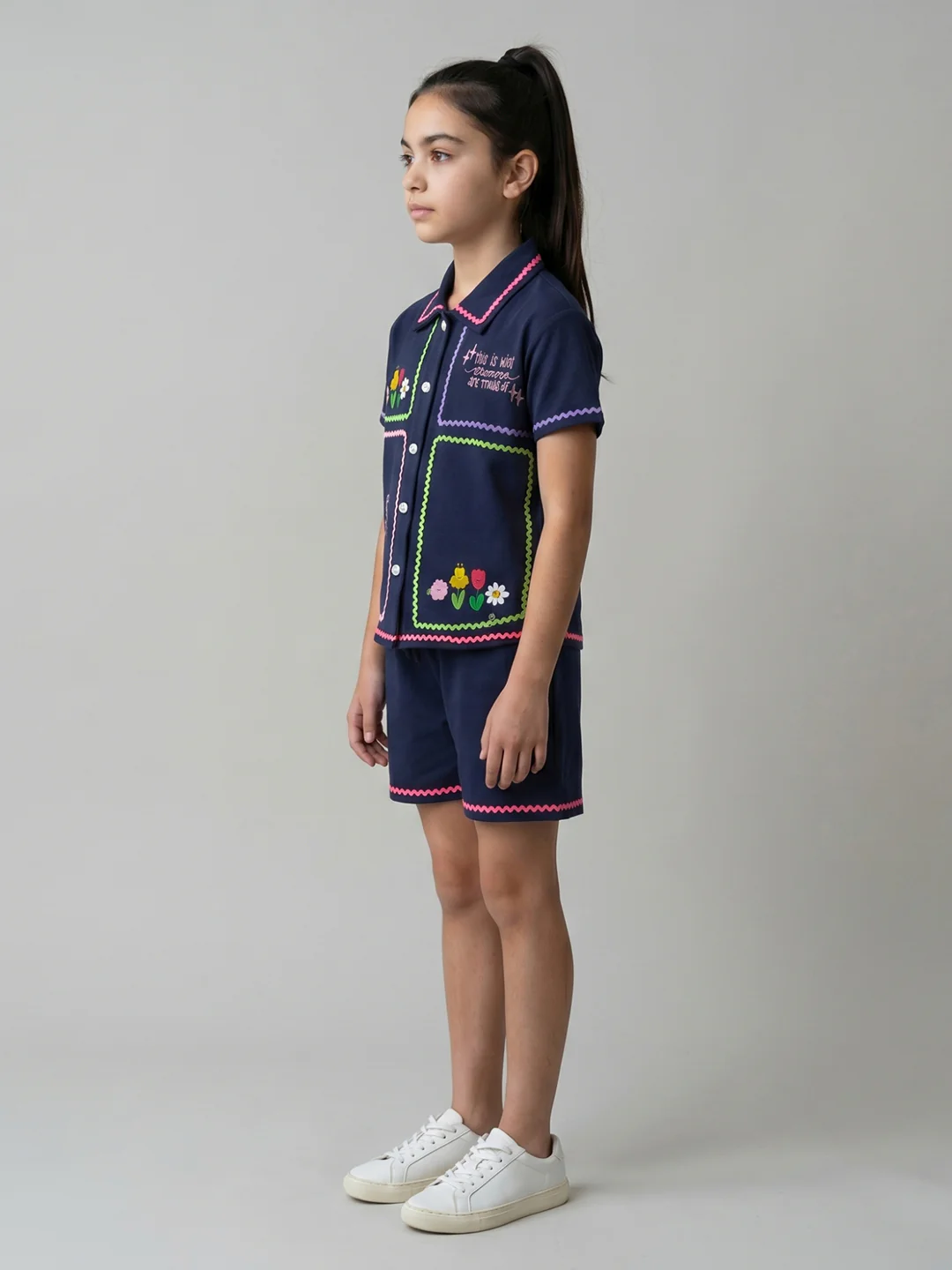 Girls Navy Blue Embroidered Round Neck Half Sleeve Cords Set - Image 3