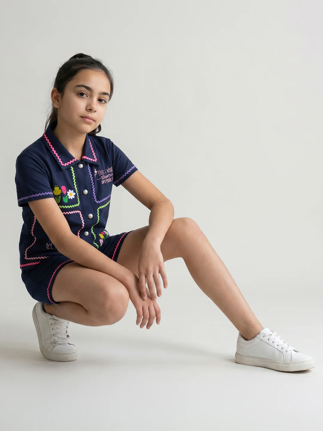 Girls Navy Blue Embroidered Round Neck Half Sleeve Cords Set - Image 5