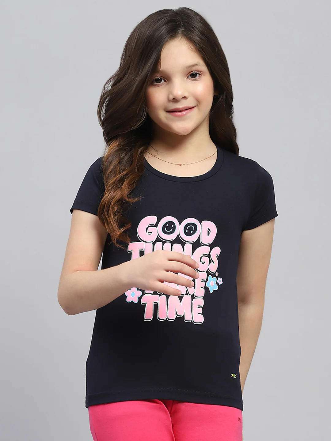 Girls Navy Blue & Pink Printed Round Neck Half Sleeve Top 2Pc Set - Image 3