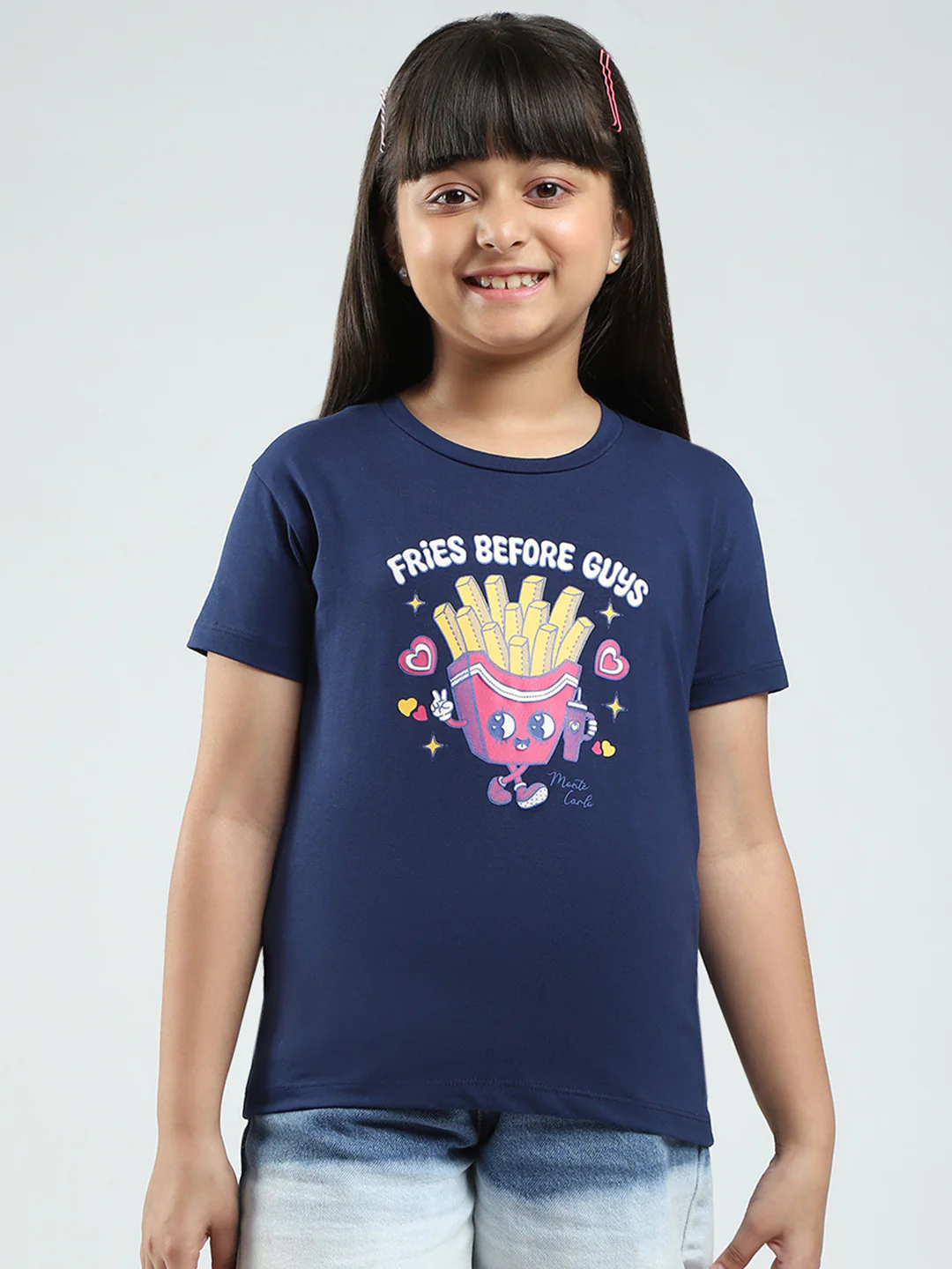 Girls Navy Blue & Pink Printed Round Neck Half Sleeve Top 2Pc Set - Image 3
