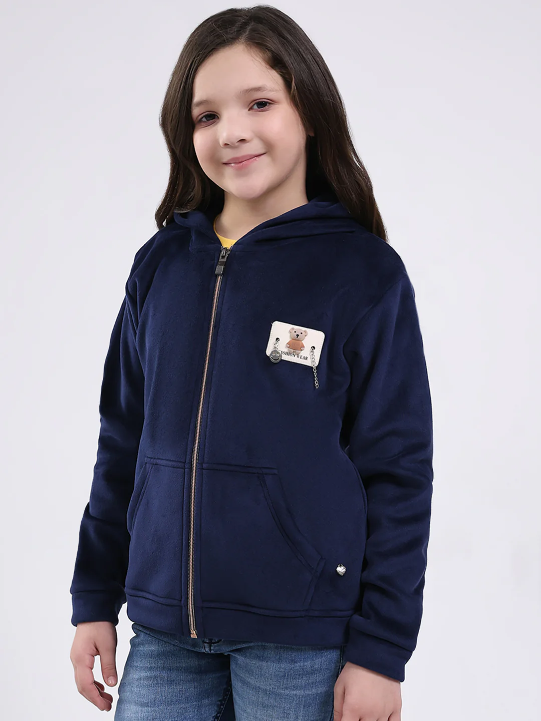 Girls Navy Blue Printed Hooded Full Sleeve Sweatshirt - Image 3