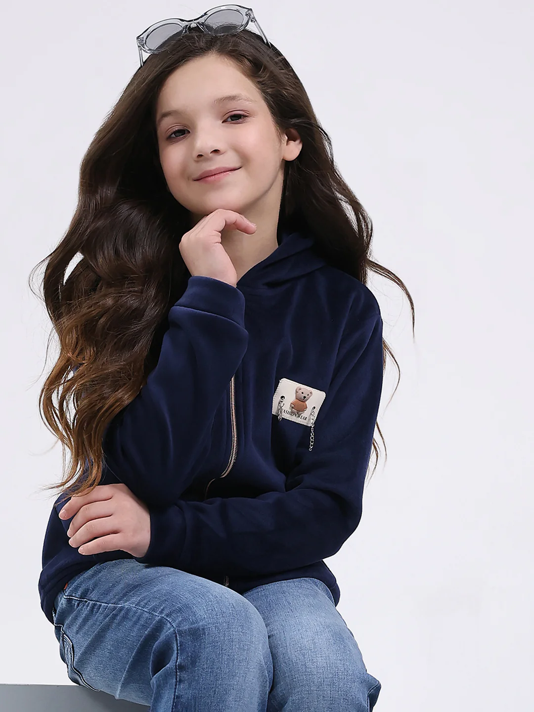 Girls Navy Blue Printed Hooded Full Sleeve Sweatshirt - Image 6