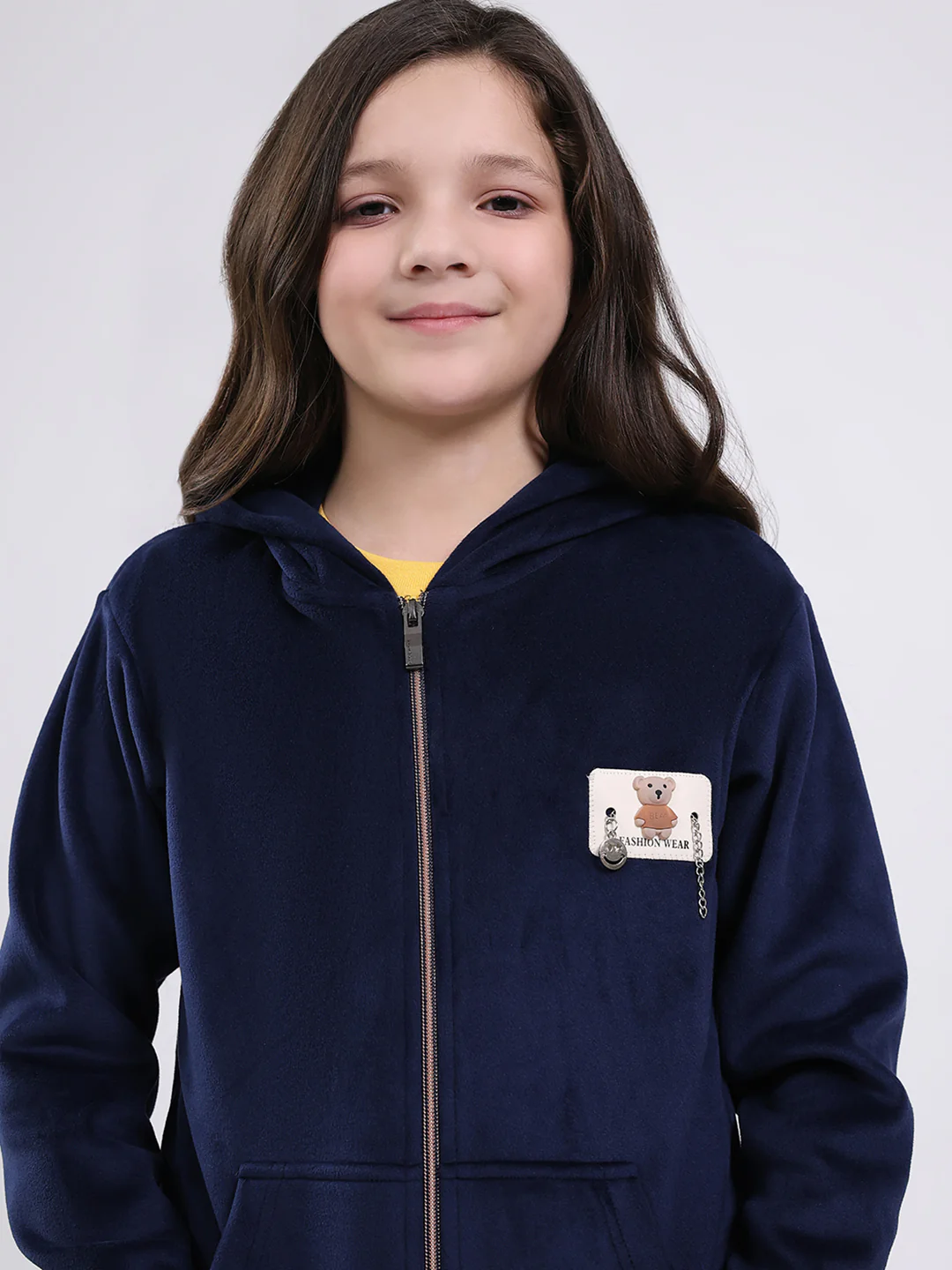 Girls Navy Blue Printed Hooded Full Sleeve Sweatshirt - Image 7