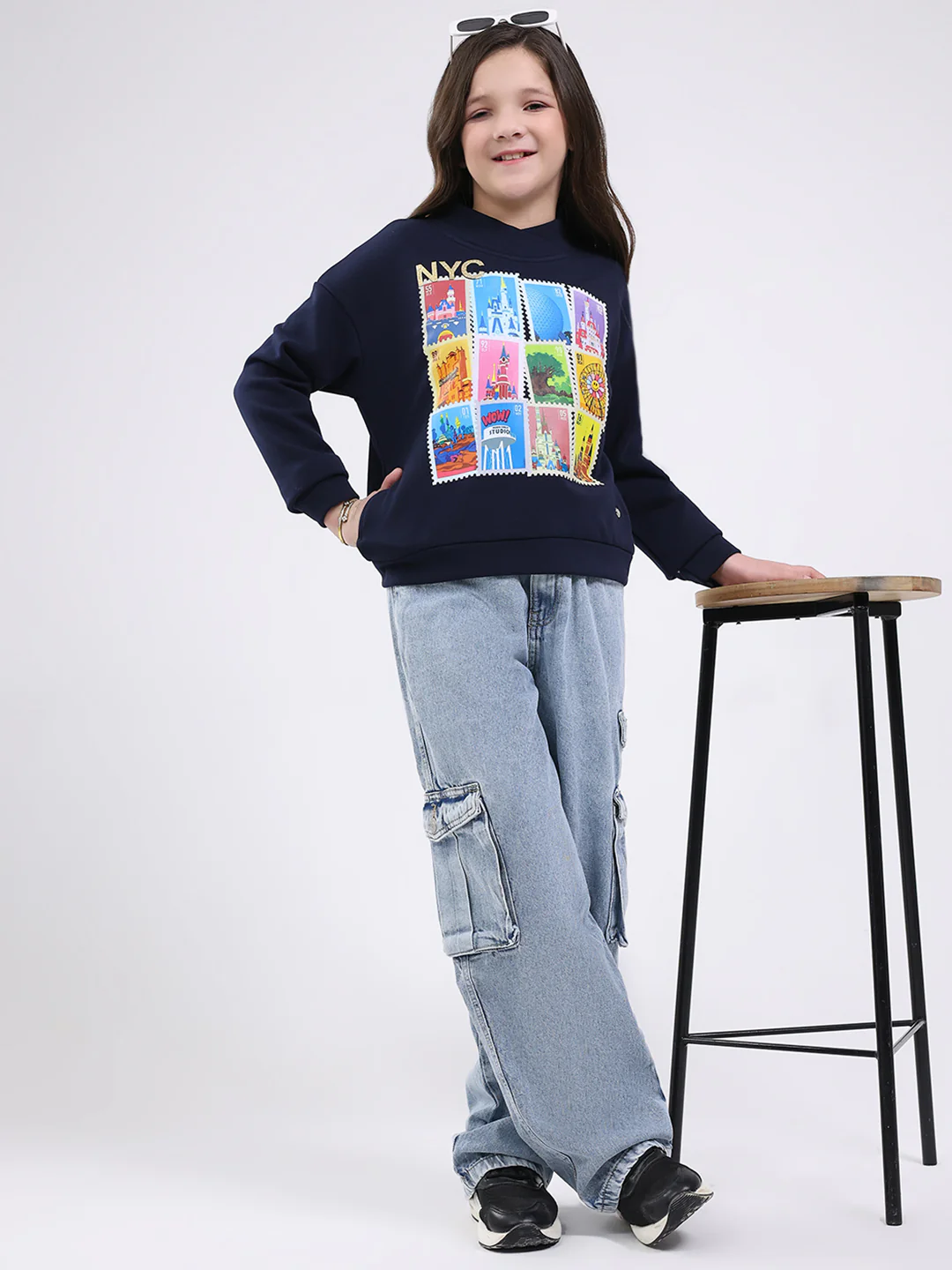 Girls Navy Blue Printed Mock Neck Full Sleeve Sweatshirt - Image 2