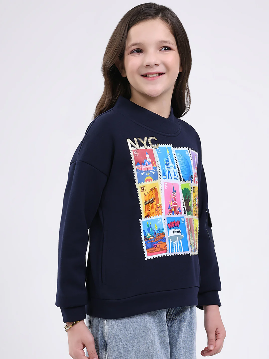 Girls Navy Blue Printed Mock Neck Full Sleeve Sweatshirt - Image 4