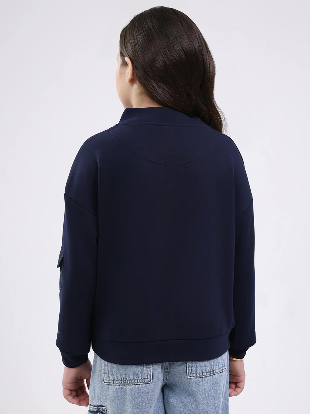 Girls Navy Blue Printed Mock Neck Full Sleeve Sweatshirt - Image 5