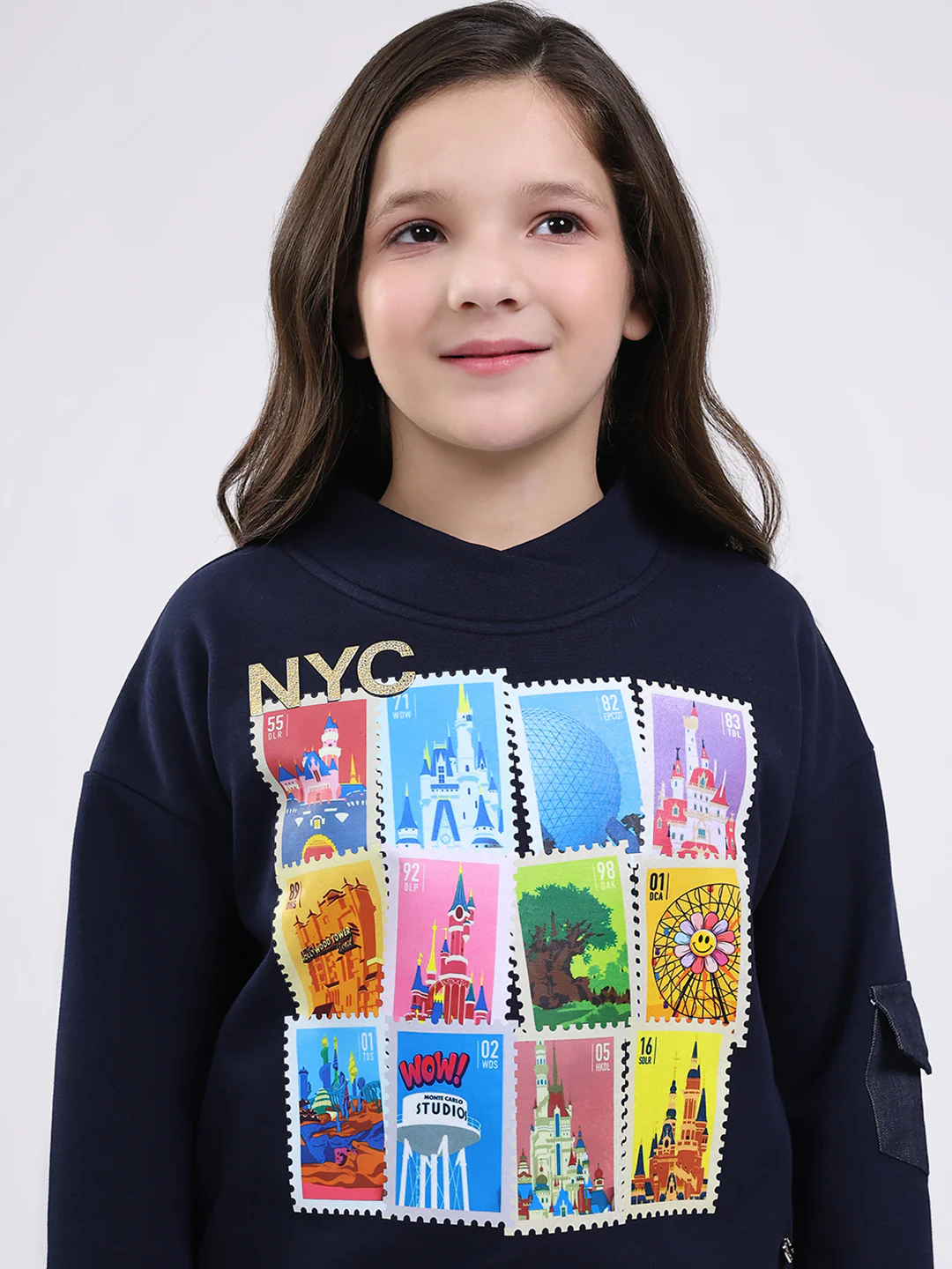 Girls Navy Blue Printed Mock Neck Full Sleeve Sweatshirt - Image 7