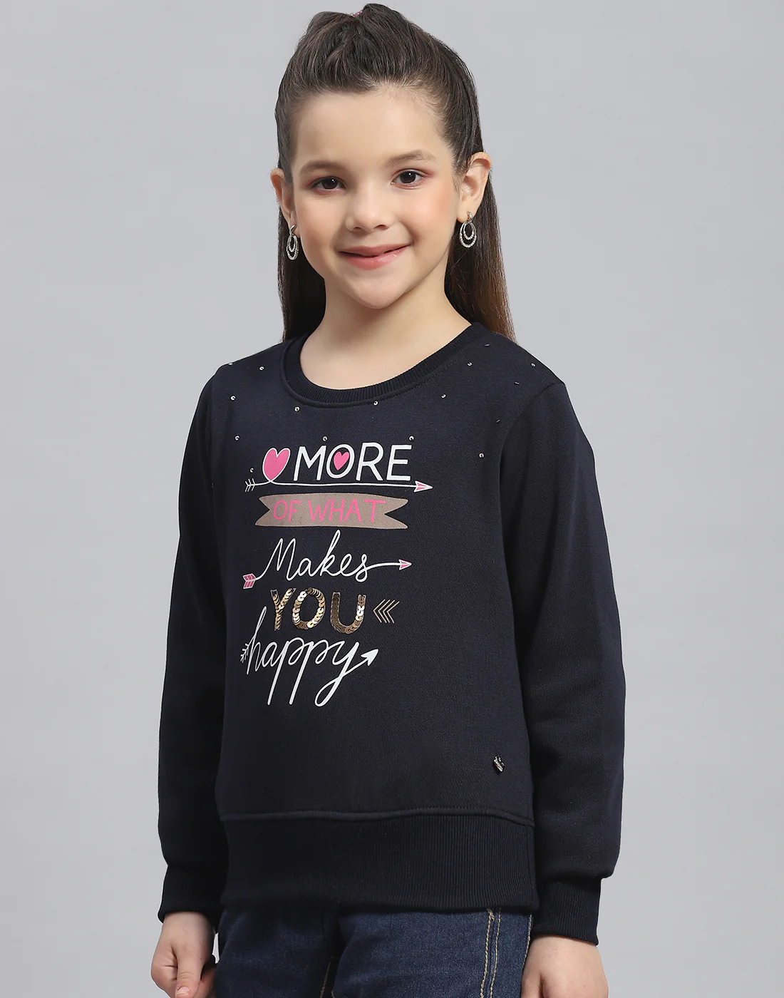 Girls Navy Blue Printed Round Neck Full Sleeve Sweatshirt - Image 3