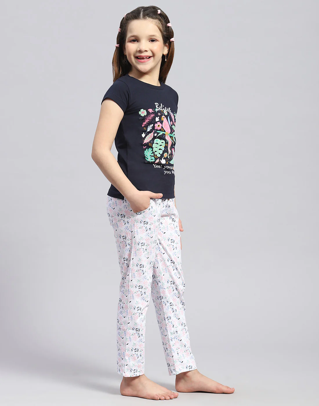 Girls Navy Blue Printed Round Neck Half Sleeve Lower Set - Image 4